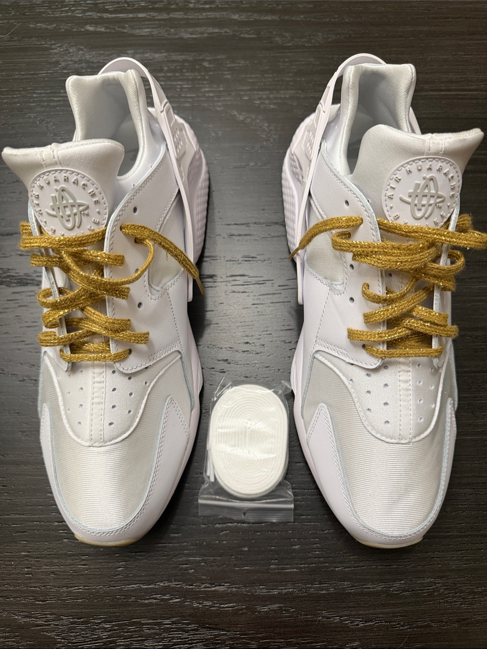 Men’s Nike Hurache White Sneakers with Gold Laces